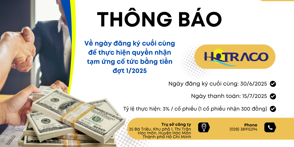 Thông báo về ngày đăng ký cuối cùng để thực hiện quyền nhận tạm ứng cổ tức đợt 1/2025